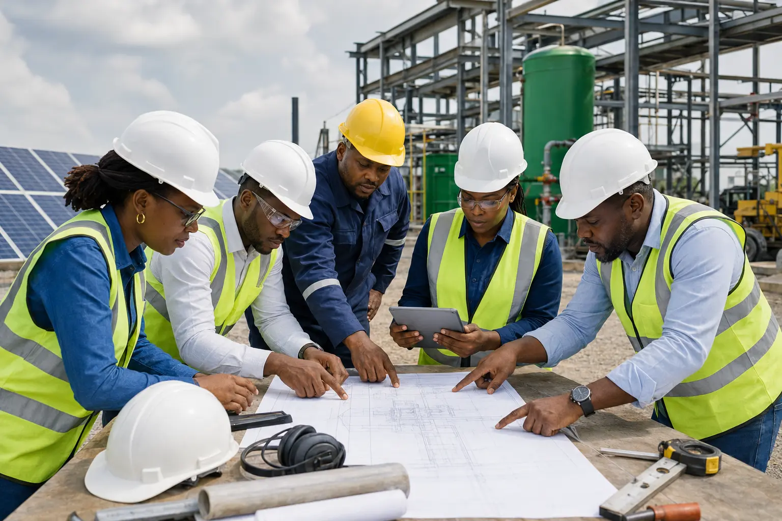 Nigerian project engineers reviewing technical plans at a clean-energy construction site