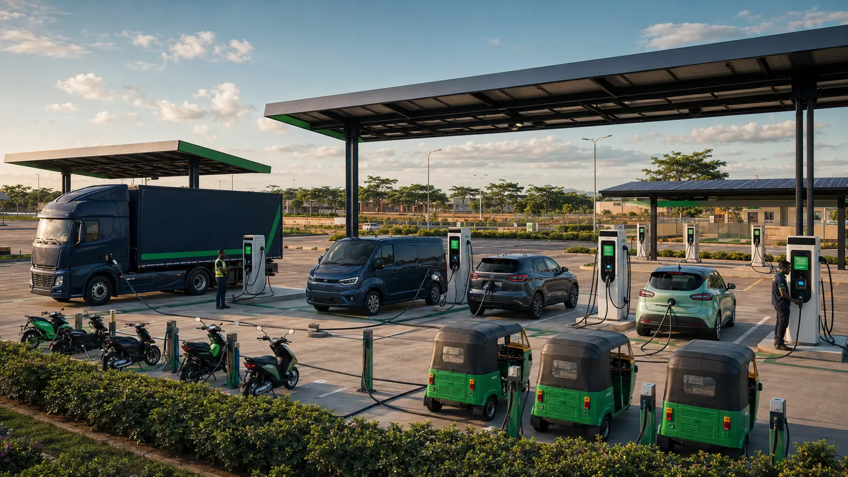 Electric truck, van, light vehicles, tricycles and motorcycles charging at a modern Nigerian mobility hub