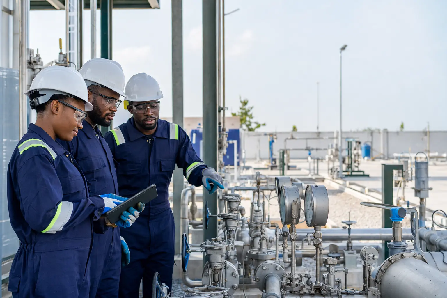 Nigerian safety engineers inspecting valves and pressure gauges at a CNG facility