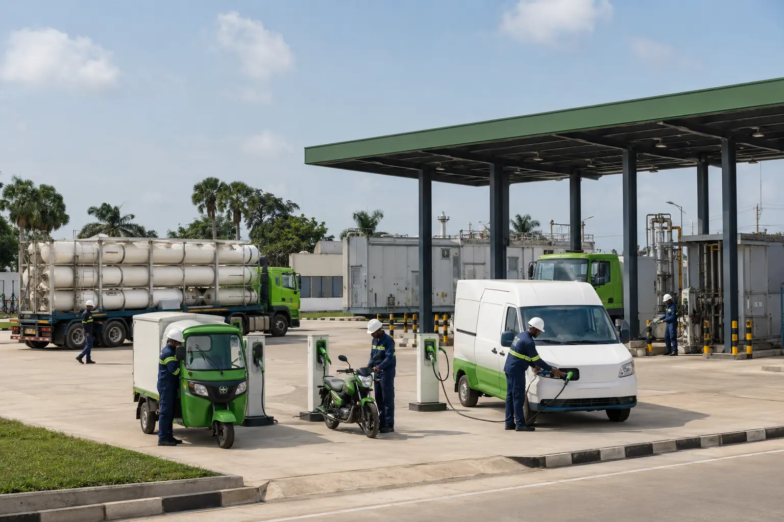 Integrated CNG logistics and EV charging for a van, motorcycle and tricycle